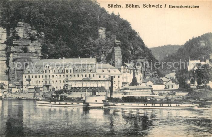 Herrnskretschen Boehmen Dampfer Blick ueber die Elbe Hotel Herrenhaus Felsen