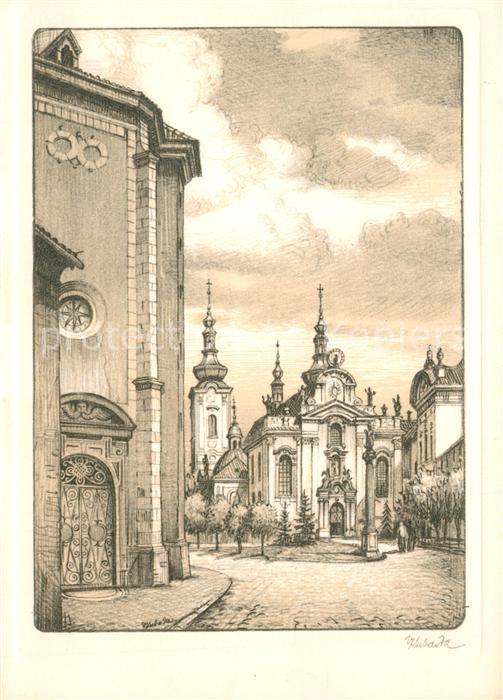 Praha Prahy Prague Altstadt mit Kirche Kubasta Kuenstlerkarte