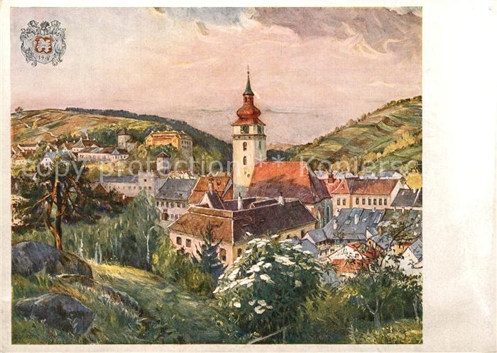 Velke Mezirici Ortsansicht mit Kirche Zdenka Vorlova Kuenstlerkarte