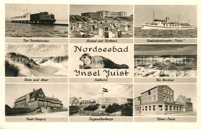 Insel Juist Inselbahn Strand und Kurhaus Seebaederdampfer Frisia Duene und Meer
