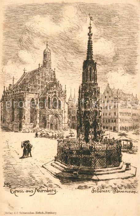 NueRNBERG  CITY Schoener Brunnen Zeichnung