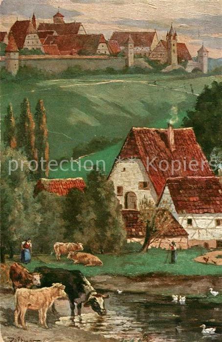 Rothenburg Tauber Blick von der Herrenmueh Kuenstlerkarte