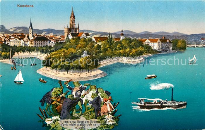 Konstanz Bodensee Hafen Stadtpanorama Froesche Musiker Tiere Kuenstlerkarte
