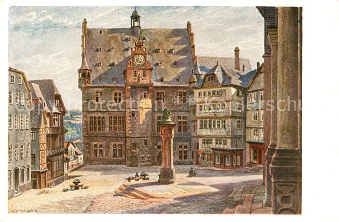 Marburg Lahn Marktplatz mit Rathaus Gemaelde K. Lindegreen Nr. 6 Kuenstlerkarte
