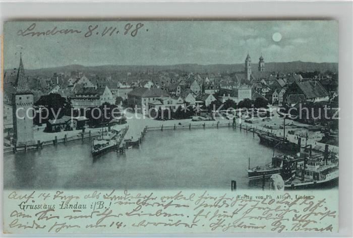 Lindau Bodensee Hafen Blick ueber die Stadt im Mondschein