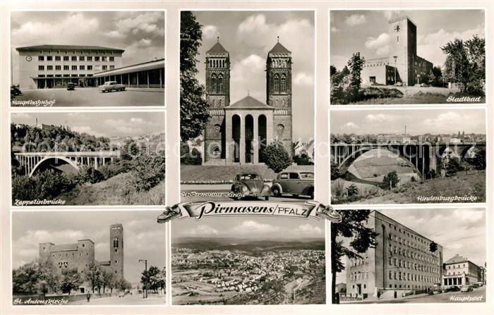 Pirmasens Hauptbahnhof Zeppelinbruecke St Pirminius Kirche Stadtbad Hindenburgbr