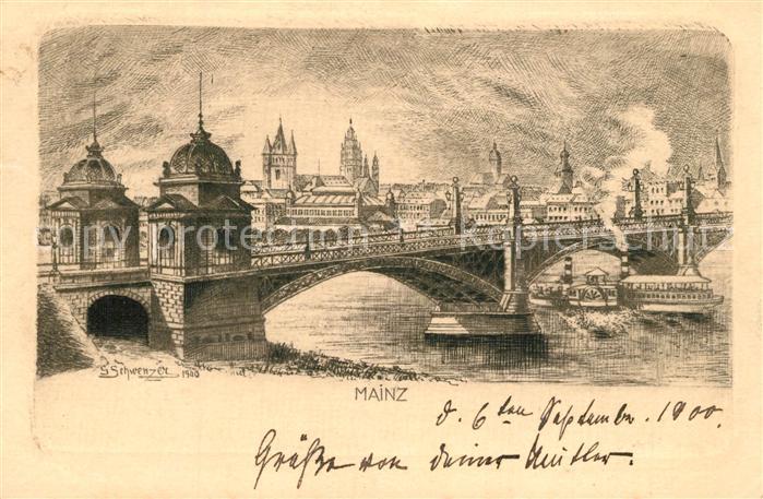 Mainz Rhein Rheinbruecke Dampfer Blick zum Dom Zeichnung Kuenstlerkarte Deutsche