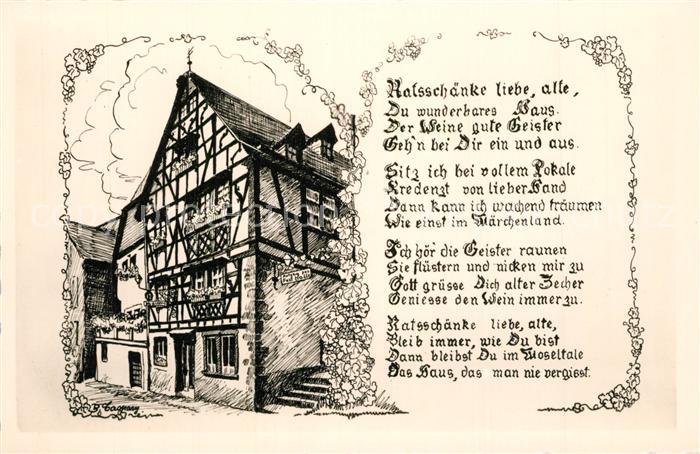 Traben-Trarbach Historische Ratsschaenke Weinhaus Fachwerkhaus Zeichnung Kuenstl