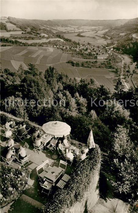 Langenburg Wuerttemberg Schlosskaffee Terrasse mit Blick ins Baechlinger Tal