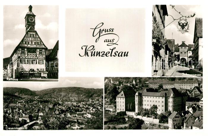 Kuenzelsau Rathaus Altstadt Schnurgasse Tuerschild Schloss Stadtpanorama