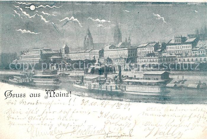 Mainz Rhein Rheinufer Dampfer Stadtbild mit Festhalle und Dom im Mondschein Deut