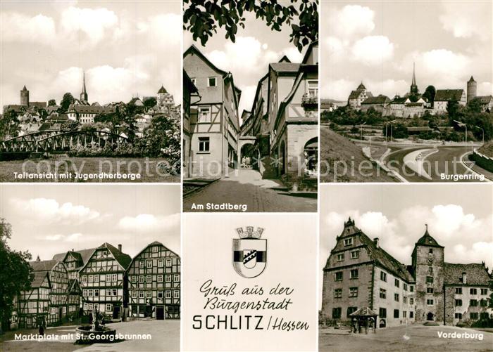 Schlitz Hessen Teilansicht mit Jugendherberge Marktplatz Brunnen Stadtberg Burge