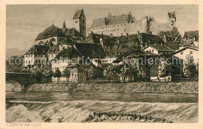 Fuessen Allgaeu Schloss Lechpartie Radierung