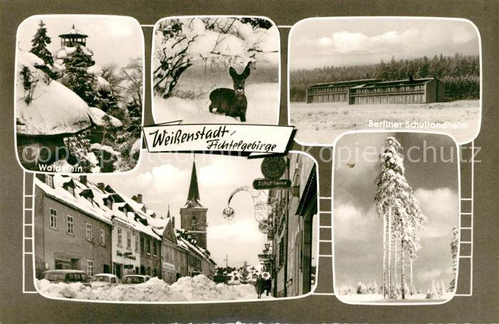 Weissenstadt Waldstein Berliner Schullandheim Verschneite Strasse und Tannen