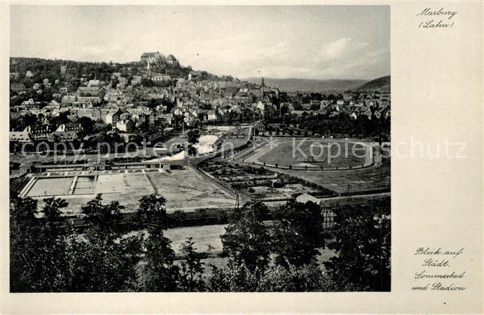 Marburg Lahn Panorama Blick auf Sommerbad und Stadion Schloss Universitaetsstadt
