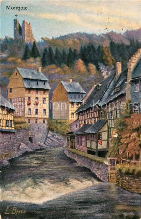 Montjoie Monschau Partie an der Rur mit Ruine Halle Kuenstlerkarte
