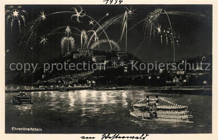 Ehrenbreitstein Blick ueber den Rhein zur Festung Dampfer Feuerwerk