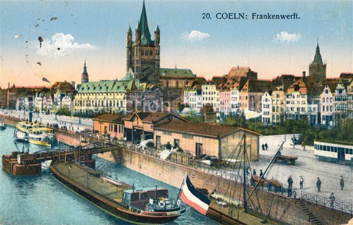 Koeln Rhein Frankenwerft Frachtkahn Kirche Feldpost