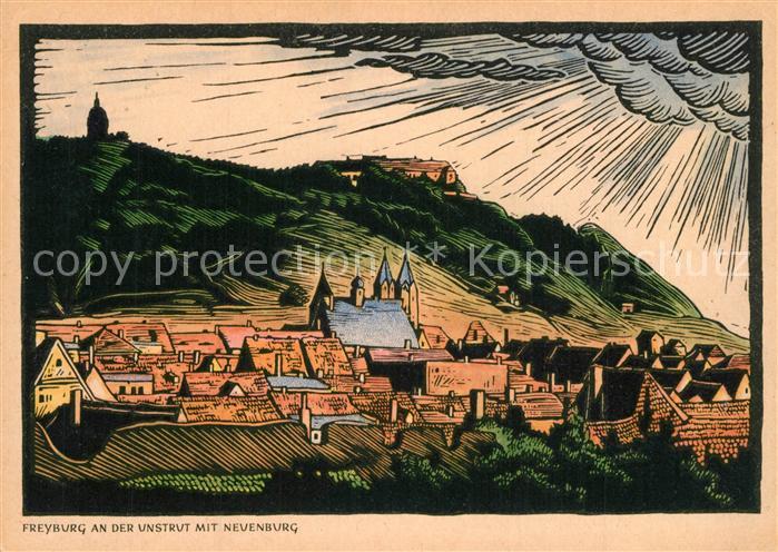 Freyburg Unstrut mit Neuenburg Zeichnung Kuenstlerkarte Cawar Bildkarte