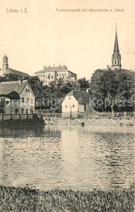 L?bau Sachsen Funkenburgteich mit Nikolaikriche und Schule
