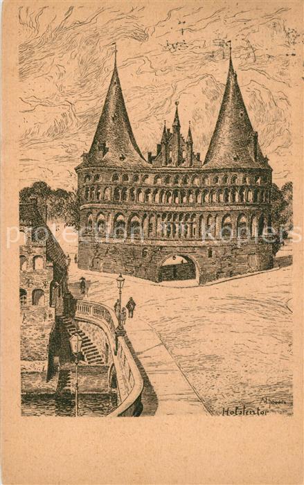 LueBECK  CITY Holstentor Zeichnung Kuenstlerkarte