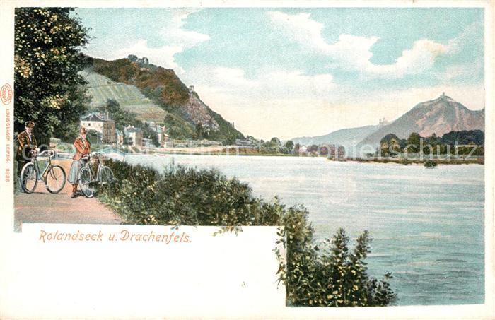 Rolandseck Uferweg am Rhein mit Drachenfels Kuenstlerkarte