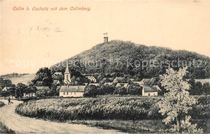 Collm Ortsansicht mit Kirche Collmberg Aussichtsturm Kuenstlerkarte