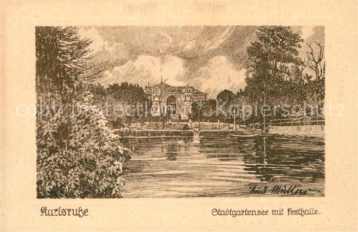 Karlsruhe Baden Stadtgartensee mit Festhalle K?nstlerkarte