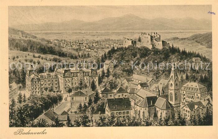 BADENWEILER BW Panorama mit Burgruine Kuenstlerkarte