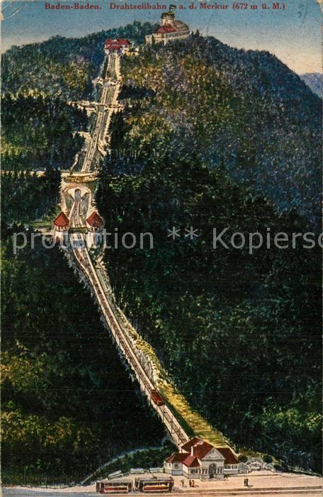 BADEN-BADEN BW Drahtseilbahn auf den Merkur Kuenstlerkarte Stempel geprueft