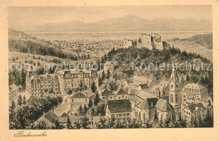 BADENWEILER BW Stadtpanorama mit Burgruine Kuenstlerkarte