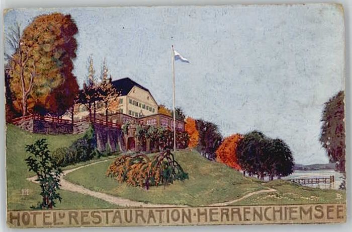 Chiemsee Bayern Herrenchiemsee Hotel Restaurant Kuenstlerkarte Feldpost x 1918
