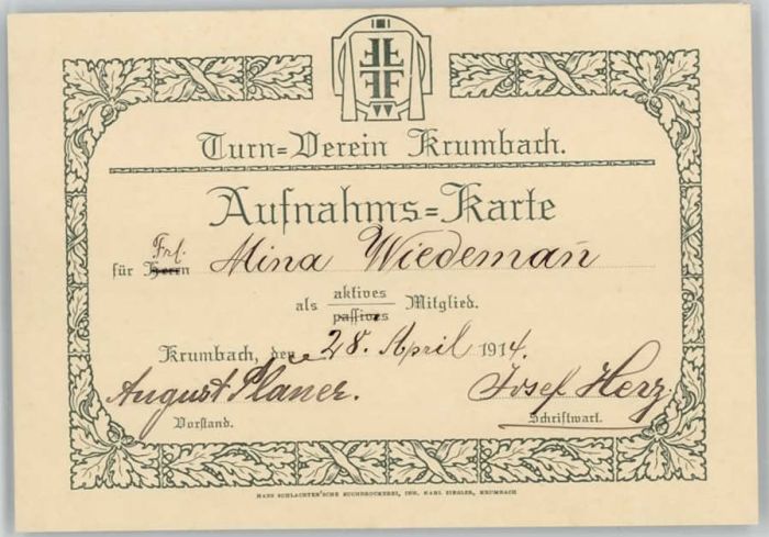 Krumbach Schwaben Turnverein Aufnahmekarte Mina Wiedemann
