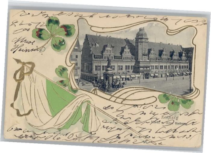 Leipzig Prägedruck Kleeblatt Fahne Markt Rathau