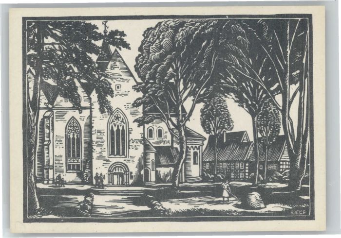 Enger Kirchplatz Holzschnitt Rudolf Riege