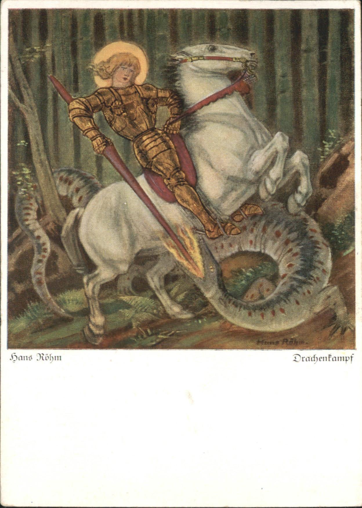 Kuenstlerkarte Hans Röhm Drachenkampf Pferd Reiter Lan