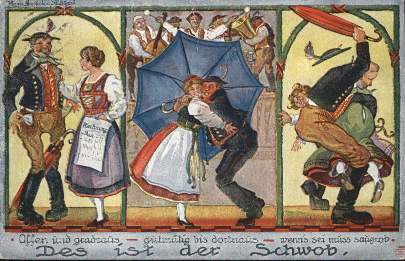 Kuenstlerkarte H. Böttcher Schwaben Tanz Trachten