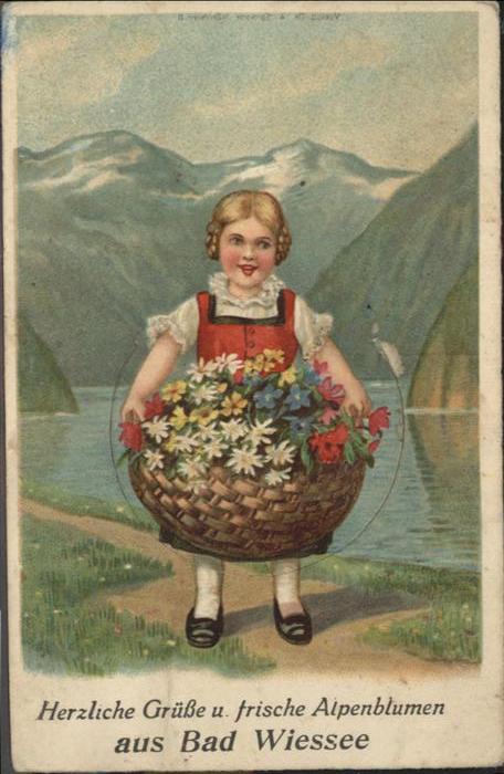Bad Wiessee Mädchen mit Blumenkorb Leporello Alpenb