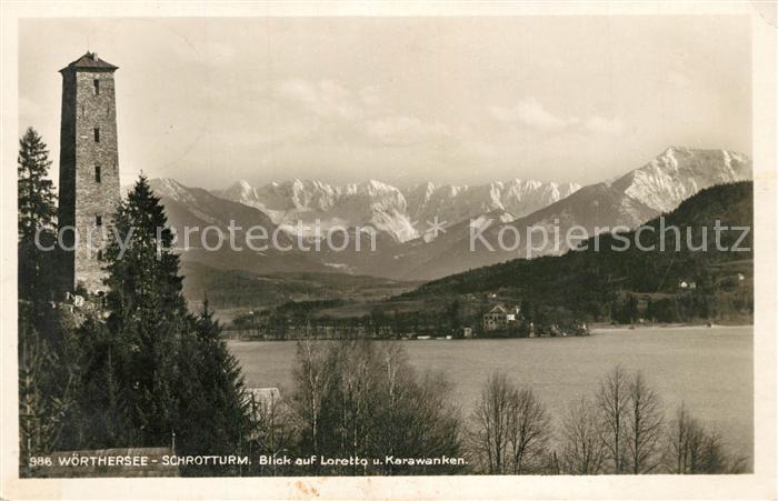Woerthersee Schrotturm Blick auf Loretto und Karawanken