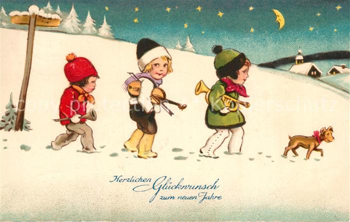 Neujahr Kinder Hund Geige Trompete Litho