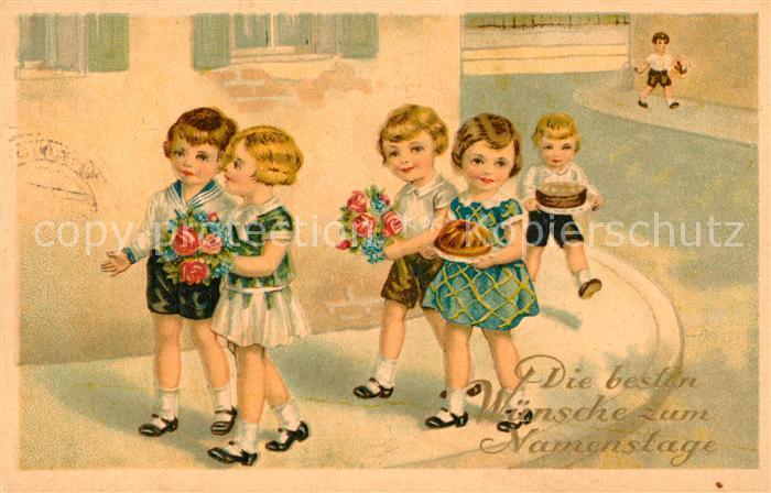 Namenstag Namenskarte Kinder Blumen Kuchen Litho