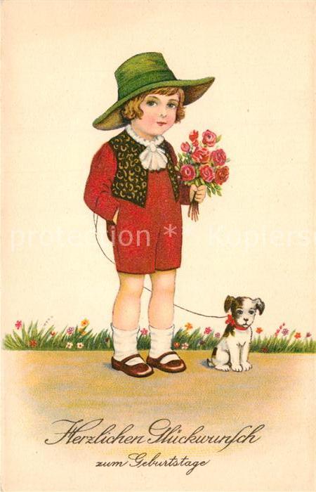 Geburtstag Kind Hund Hut Rosen Litho