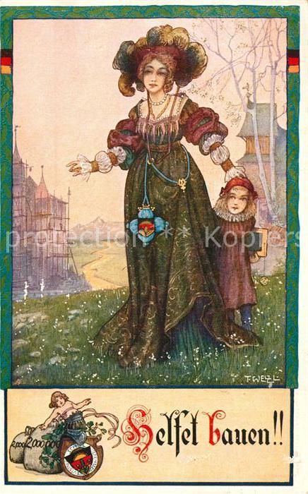 Verlag Schulverein Nr. 86 Künstlerkarte T. Welz Helfet  bauen