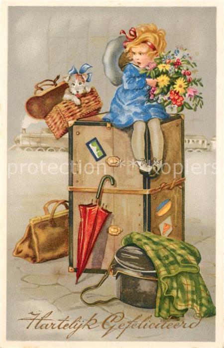 Glueckwunsch Kind Hund Truhe Reisetasche Blumen Rege