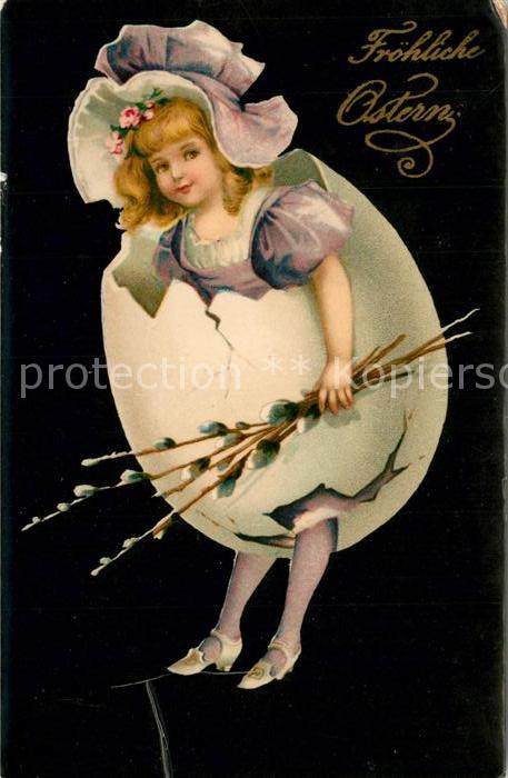 Ostern Easter Paques Kind Ei Hutmode Weidenkätzchen Litho