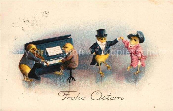 Vermenschlicht Kueken Klavier Geige Tanz Zylinder Hutmode Ostern Litho