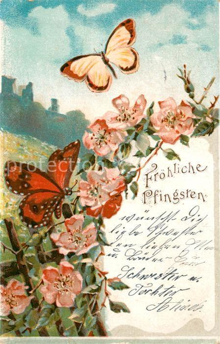Pfingsten Pentecost Pentecote Schmetterlinge Blumen Litho