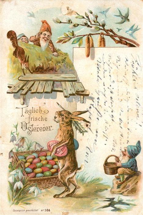 Zwerge Dwarfs Nains Hase Eichhoernchen Ostereier Ostern Litho
