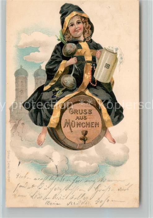 Muenchner Kindl Bierfass Bierkrug Litho