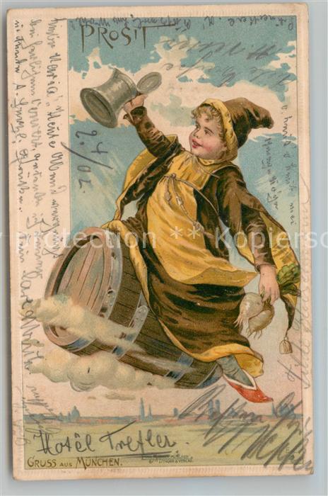 Muenchner Kindl Bierfass Bierkrug Muenchen Litho